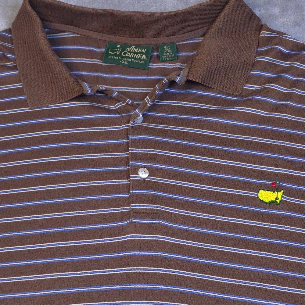 Amen Corner Polo Shirt Mens XXL Brown Striped Pima Cotton Masters Golf Preppy - Picture 3 of 10
